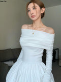 Fashion Evening Party Maxi White Dress Women Korean Off Shoulder Long Sleeve Birthday Robe Y2k Streetwear Corset