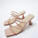 ZA Brand 2022 Summer New White One Word With Fashion Square Toe High Heels Sexy Stiletto Muller Sandals And Slippers Women