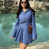 Blue Shirt Dress Woman Striped Pleated Short Dresses For Women Long Sleeve Casual Summer Women's Dresses Button Mini