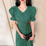 Zingj Chic Sweet Foreign Style Show Thin V-Collar Receive Waist Slim Long Knee Bubble Sleeve Leopard Print