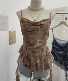 Real Shoot Spice Girl Swing Network Yarn Print Sling Vest Retivating Lotus Leaf Side Ribbon Short Top
