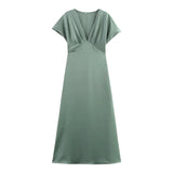 New Silk Hyssin V-Neck Fan Flute Dress