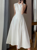 Summer Elegant Casual Midi White Dress Sleeveless A-Line Vintage Party Black Vestidos Female Fashion Outwear