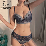 New Lace Lingerie Women Sexy Bra Set Push up Bras Underwear Set 3/4 Cup Lingerie Set Embroidery Flowers Bras and