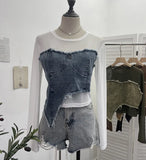 Design Feel Niche Cowboy Splicing Long-Sleeved Mesh T-Shirt Girl Summer Round Collar Dress Short Top