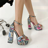 INS Gingham Women Sandals Fashion Platform Square High Heels Sandals Luxury Brand Punk Female Shoes Size