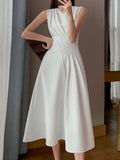 Summer Elegant Casual Midi White Dress Sleeveless A-Line Vintage Party Black Vestidos Female Fashion Outwear