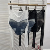 Sexy Collar Long-Sleeved T-Shirt To Make Old Hole Cowboy Splicing Net Bare Back Short Top