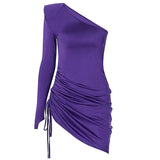 Women Fashion Long Sleeve Off Shoulder Bodycon Slim Pleated Purple Package Hip Mini Short Dress 2021 Fall Clothes