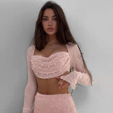 Pearl Sexy Dress Sets Women Square Collar Full Sleeve And Split Skirt Matching Sets Female Club Party Two Piece