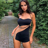 Mesh Patchwork Lace-up Halter Backless Night Club Jumpsuits Rompers Sexy 2022 Summer See Through Black Playsuit