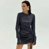 Zingj New Women's Long Sleeve Gloves Rope Satin Hanging Feeling Dress Sexy Temperament Package Hip Skirt-Outfit