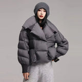 Niche Knit Splicing Large Lapel Down Jacket Female 2024 Winter Fashion High Luxury Large Magnetic Suction Button Thermal Coat-Outfit