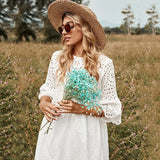 Elegant Embroidered Lace Dress White Female Splicing Dress Floral Hollow Out Loose Casual Party