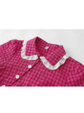 Plaid Shirt Kawaii Peter Pan Collar Preppy Style Women's Blouses Sweet Short Sleeve Bow Tops 2023 Summer Fashion