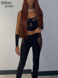 Chic Hollow Two Piece Set Women Sleeveless Skinny Sexy Tank Tops+High Waist Pants Female Matching Streetwear