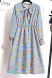 Women Casual Spring Autumn Dress Korean Style Vintage Floral Printed Shirt Dress Long Sleeve Elegant Bow Midi Summer