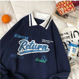 New Button Polo Collar Oversized Long Sleeve Women Hoodie Casual Harajuku Vintage Letter Print Sweatshirt Chic