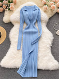 Women Korean Knitted Dress Long Sleeve V Neck Elastic Slim Pencil Dresses 2023 Autumn Sexy Bodycon Split Sweater