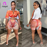 Printed Women 2 Piece Set Short Sleeve Lapel Sweatshirts Cycling Shorts Matching Set 2022 Summer Fitness Workout