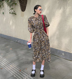 Vintage Floral Long Sleeve Lace Up Korean Fashion Dress Women A Line Loose Knot Ladies Long Midi Dress Tunics