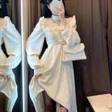 Lace Vintage Dress Women Fashion Puffer Sleeve Elegant One Piece Dress Korean 2022 Spring High Street Slim Midi Dress