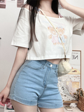 2024 Summer Sweet Crop Tops Women Bear Print Short Sleeve Y2k T-Shirt Off Shoulder Aesthetic Graphic T