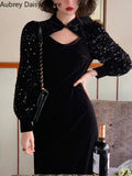 Black Velvet Midi Dress Women Sexy Hollow Out Sequins Design Y2k Dress Vintage Casual Evening Party Dress 2023