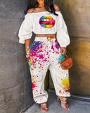 Women Two Piece Set Off Shoulder Lip Print Lantern Sleeve Crop Top & Ink Splash Pants Flare Set