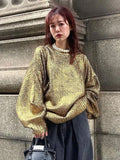 Neck Metallic Shinny Pullover For Women Vintage Loose Long Sleeve Warm Sweater 2023 Autumn Female Fashion Street