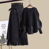 Women Winter Patchwork Long Sleeve Knitted Tops + Asymmetric Skirt 2 Piece Suit Female Party Elegant Two Piece Set 211-0-Outfit