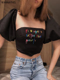 Puff Sleeve Crop Tops Women Y2K Square Collar Vintage Embroidery Corset Sexy White Fashion Casual Chic Female Top