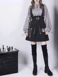 Women Gothic Punk Lolita Dress Casual High Waist Long Sleeve Girl Fake Two Piece Contrast Patchwork Dresses+Belt