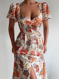 Floral Print Split Waist A-Line Dress Fashion Square Collar Women Mini Dress Elegant Puff Sleeve Loose Party Long