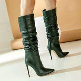 Women Faux Leather Pleated Fashion Knee High Boots Sexy Thin High Heel Slip On Long Boots Ladies Pointed Toe Autumn Winter