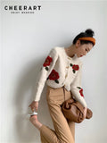 Embroidered Sweater Cardigan Women Wool Horn Button Up Crewneck Sweater Khaki Winter Fashion Sweater