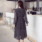 Women Dress 2022 Spring Autumn Floral Print Empire Midi Pleated Chiffon Dresses Flare Sleeve Stand Collar Vestidos 8634