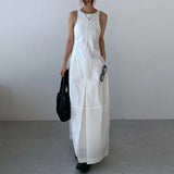 Zingj Chic Minimalist Minority Round Collar Double Pocket Fold Fold Waist Over The Knee Long Vest Dress