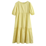 White Cotton Puff Sleeve Dress Woman Summer Midi Dress Short Sleeve Cascading Ruffles Blouses
