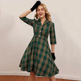 Turn-Down Collar Button Up Green Plaid Women Dresses Pin Up Vintage Robe Elegant Spring Clothes Retro 50s 60s Swing