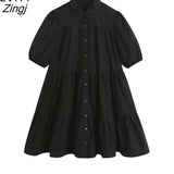 Women simply turn down collar solid black mini Dress office lady pleats ruffles Vestido Chic casual loose Dresses