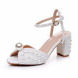 Cm Thick Heel Sandals Square Thick Heel Sandals White Wedding Dress Sandals Pearl Wedding Shoes