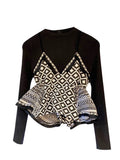 Fashion Women's Sweater Round Neck Patchwork Plaid Ruffles Fake 2 Pcs Long Sleeve Knitted Pullovers Autumn 2023 New