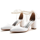 Cm Thick Heel Pointed Sandals With Shallow Female Sandals White Beaded Satin Cloth Bride High Heels Large
