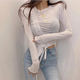 pads women top Summer long sleeve tops Sexy asymmetric slim solid ladies tops 2021 Lace Up Thin T-shirt See