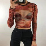 Black Pachtwork Mesh Sheer T-shirt E-girl Graphic 90s Vintage Women Long Sleeve Slim Fit Crop Top Harajuku