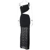 Sheer Draped One Shoulder Cut Out Maxi Dress- Outfit