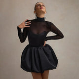 Black Turtleneck Sheer Long Sleeve Satin Mini Dress- Outfit