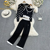 Knitted Tracksuit Women Spring Autumn Fashion 3 Piece Set Female Long Sleeve Cardigan + Sexy Vest + Wide Legged Pants