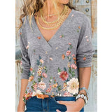 YX Women's Clothing Autumn and Winter New Fashion Women's V-neck Flower Print Long-sleeved Casual Loose T-shirt Plus